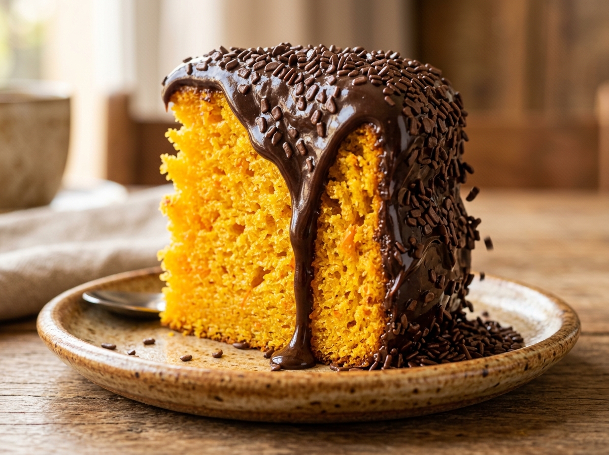 Fatia de bolo de cenoura com brigadeiro belga