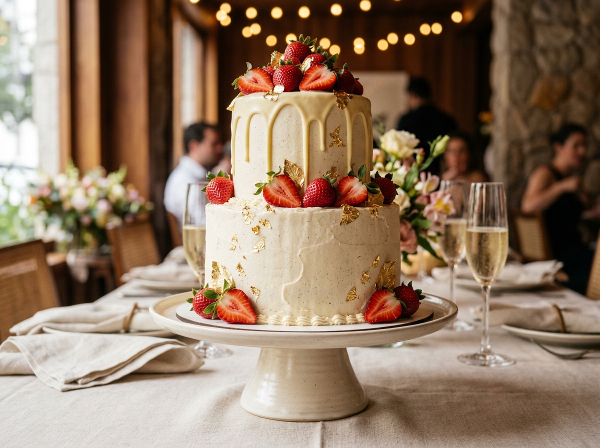 Bolo de festa comemorativo com morangos frescos