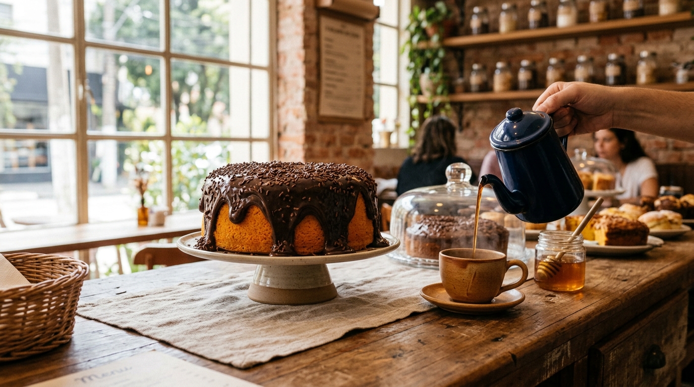 Mesa de café e bolos artesanais Casa Brasil Confeitaria